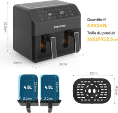 Airfryer XXL - heteluchtfriteuse - 9L - Dubbele Airfryer - Zwart - Fabulcozy