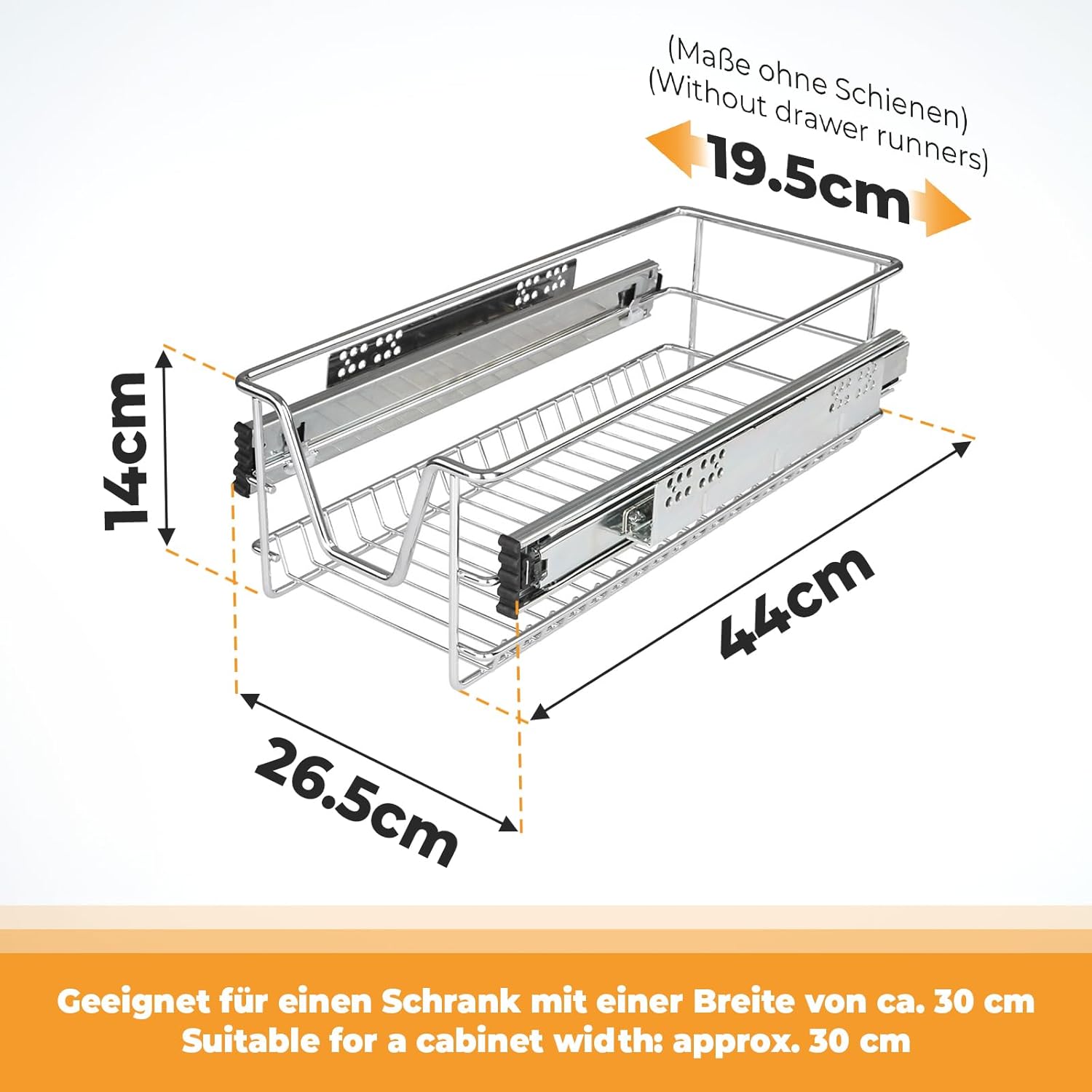 Telescopische keukenlade – 1 stuk, voor 30 cm kast, max. 20 kg, inclusief rails – uittrekbare opbergmand