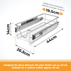 Telescopische keukenlade – 1 stuk, voor 30 cm kast, max. 20 kg, inclusief rails – uittrekbare opbergmand