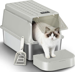 FOBYFURNY FPLB001SG1 Roestvrijstalen kattenbak met deksel, XXL, gesloten metalen kattenbak met schep en voettrede, uitneembaar, 120° klapdeksel, gemakkelijk te reinigen, crèmegrijs