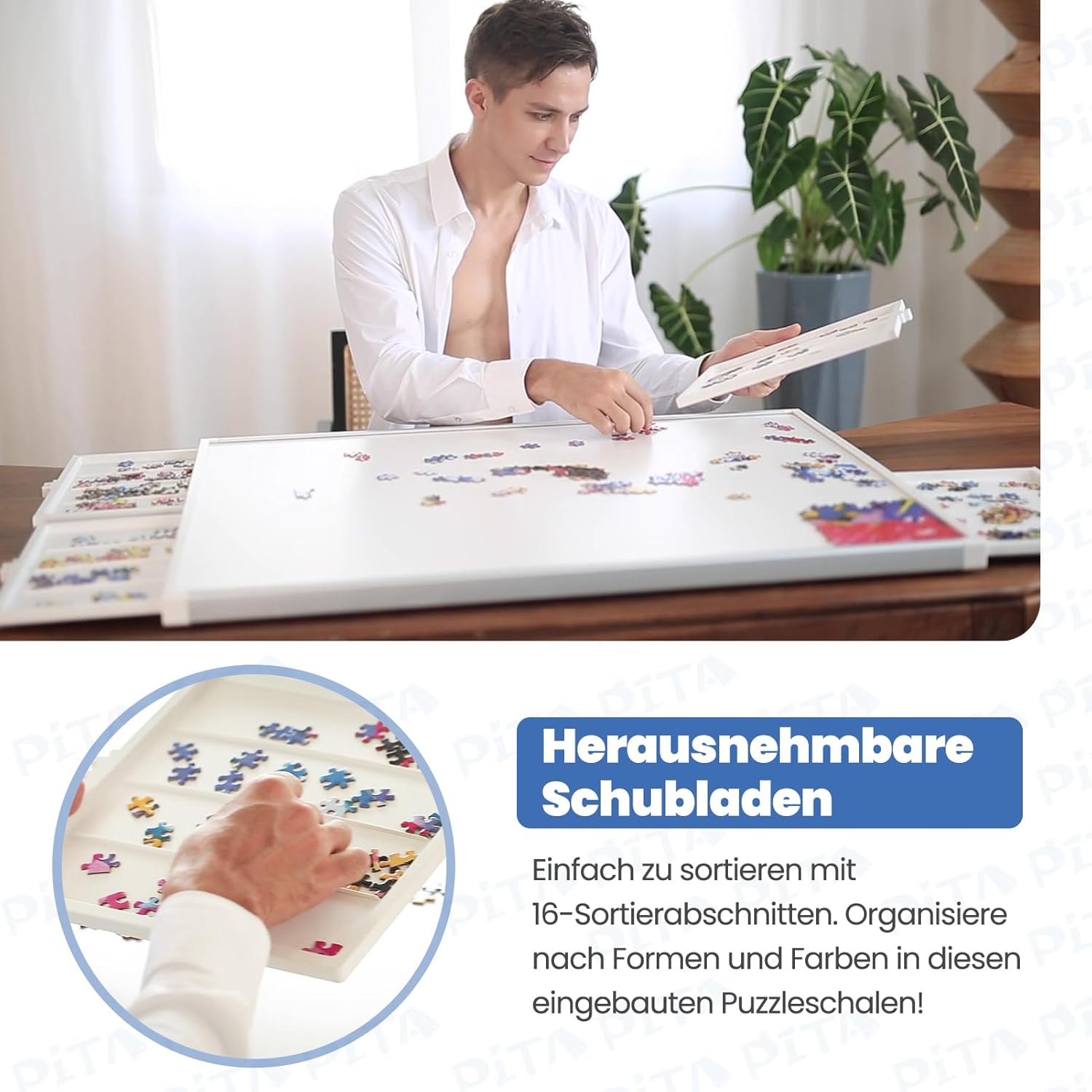 PITAPITA Puzzelplank, 1500 stukjes, draaibaar puzzelblad met laden en deksel, draagbare puzzeltafel voor volwassenen en kinderen, 88,6 x 68,6 cm, draagbare puzzeltafel, design