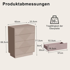 UEV Commode met 4 laden, kast met ruitpatroon lijnen, 60x33,5x77,5cm woonkamer slaapkamer, Moka