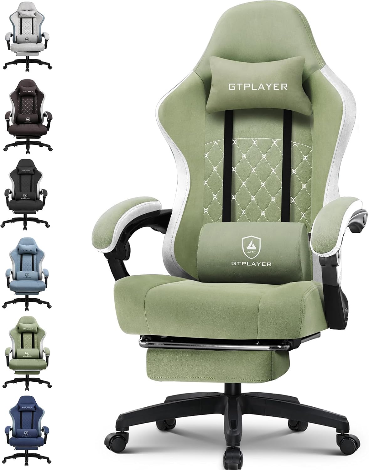 GTPLAYER Gamingstoel, ergonomische gamingstoel, bureaustoel met stoffen oppervlak, veerzitkussen, verbindingsarmleuningen en voetensteun, 150 kg, groen