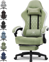 GTPLAYER Gamingstoel, ergonomische gamingstoel, bureaustoel met stoffen oppervlak, veerzitkussen, verbindingsarmleuningen en voetensteun, 150 kg, groen