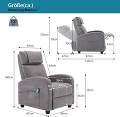 HPIV Relaxstoel, televisiestoel met ligfunctie, massagefunctie, warmtefunctie, massagestoel met afstandsbediening, stoffen ligstoel, lichtgrijs