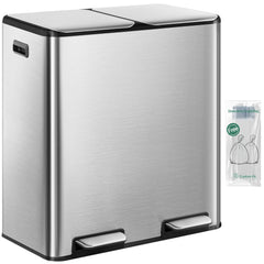 Hzuaneri Vuilnisemmer, 2 x 30 l, afvalscheidingssysteem, 2 vakken 60 l, roestvrij stalen keukenvuilnisemmer, pedaalemmer, rustige langzame afstap, met 15 exclusieve afvalzakken, zilver SW06099E