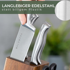 WALDWERK Messenblok - 7-delige messenset met messenblok en geïntegreerde messenslijper - Messenblok met mes - Keukenmessenset - Messenset met blok - Messenset •