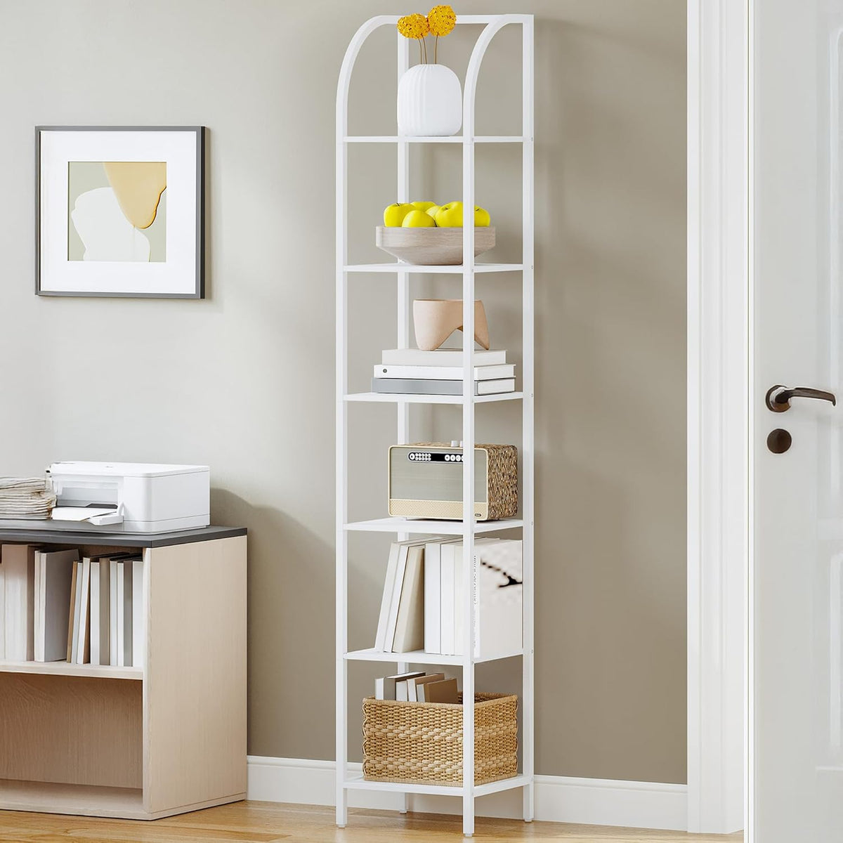 Hzuaneri Plank, boekenkast, 6 niveaus, staand rek, dvd-plank, smalle planken, industriële stijl, kantoorplank, metalen frame voor woonkamer, slaapkamer, keuken, wit BC56013W