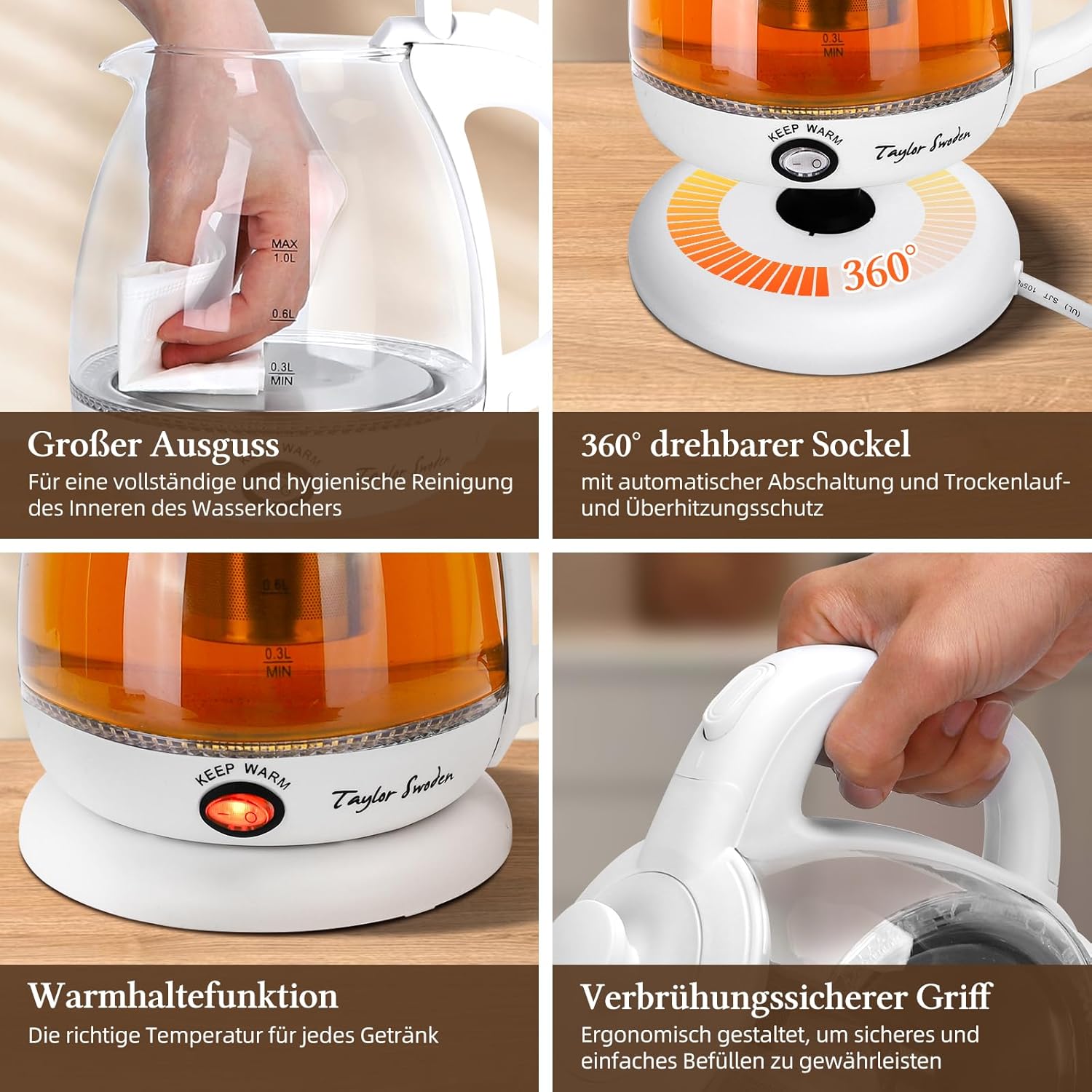 Waterkoker glas - met LED - 1L - 2200W - Wit - Taylor Swoden