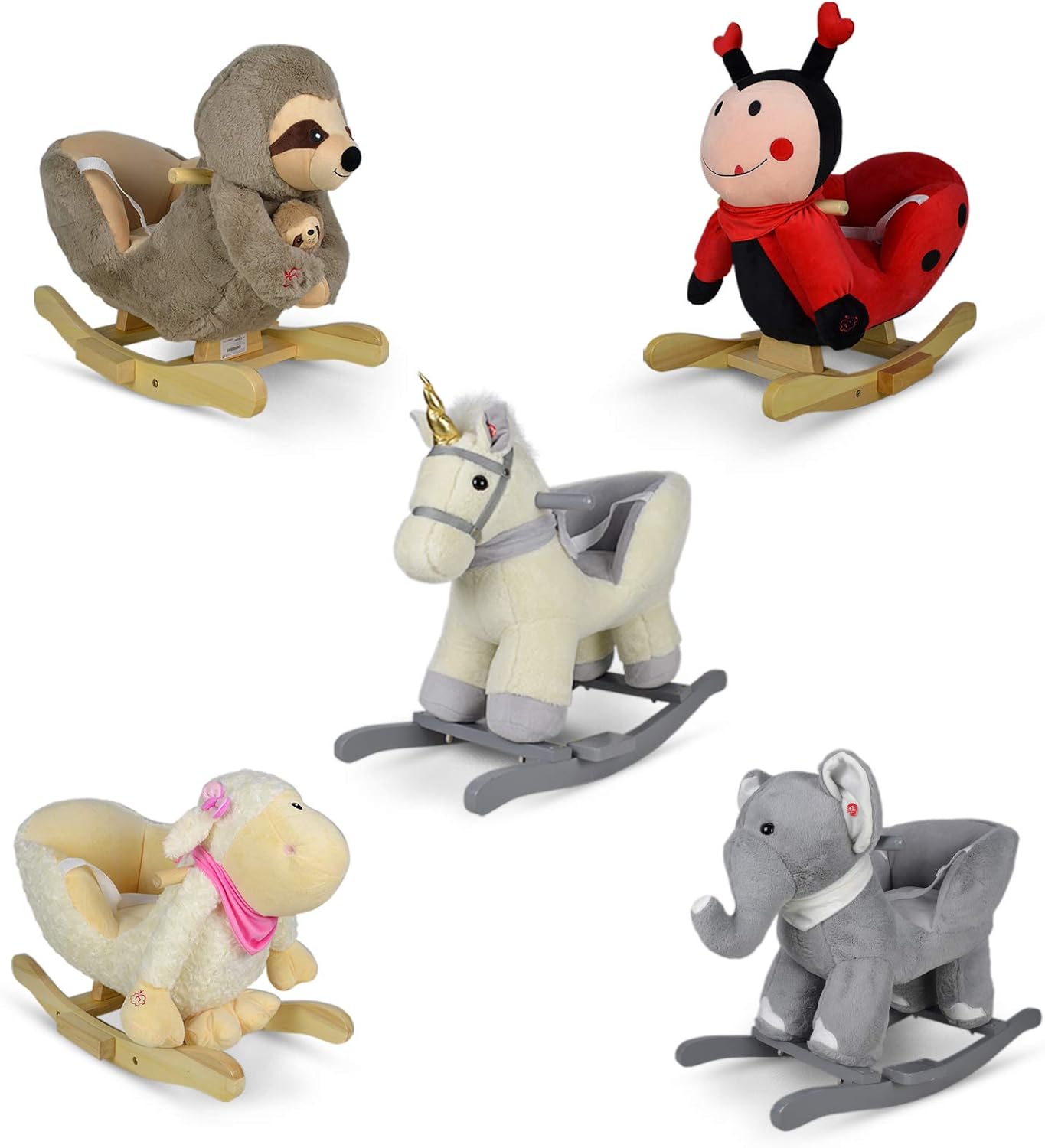Infantastic® Schommeldier - pluche, vanaf 1 jaar, voor baby en kind, olifant/eenhoorn/luiaard/lieveheersbeestje/schaap, met riem, muziek, handvat, voetensteun, schommelstoel, hobbelspeelgoed,