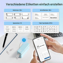 POLONO P31s Labelprinter, bluetooth, zelfklevend, mini-labelprinter, draagbare labelprinter met iOS Android, voor thuis, kantoor, blauw