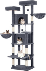 Krabpaal groot 175 cm, kattenboom XL, krabpaal voor grote katten, stabiel, met krabzuilen, 2 gezellige holletjes, 2 platforms, 2 manden, hangmat, voor binnen, donkergrijs, FPMS006FG2