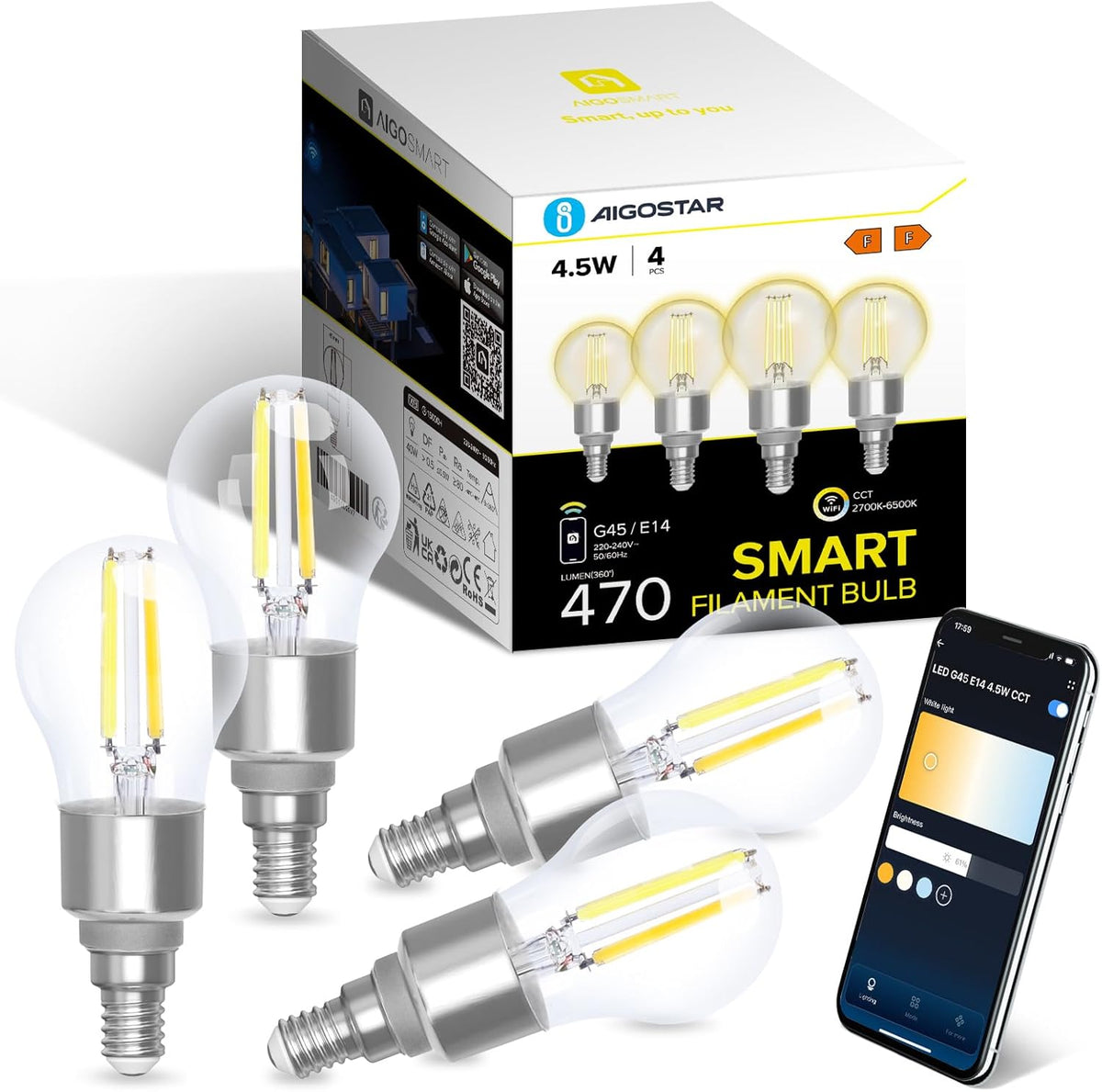 Aigostar LED Gloeilamp - Dimbaar - 4,5W - E14 - 4 Stuks