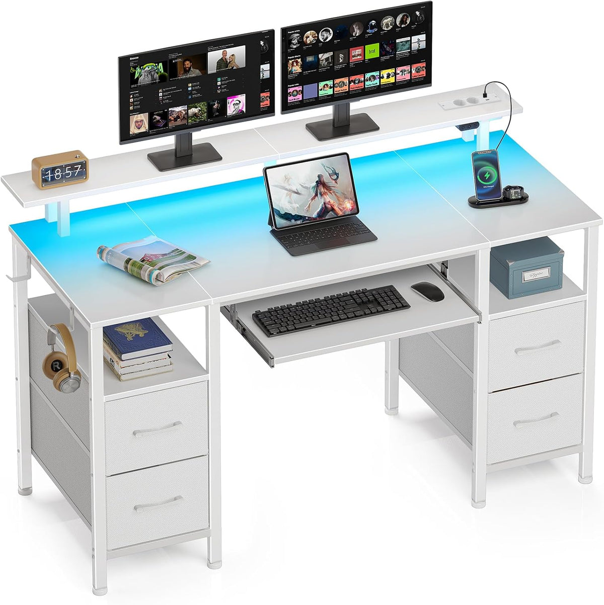 Rolanstar Bureau met laden, 120 x 47 cm, gamingtafel met stopcontact, led- en monitorstandaard, computertafel met toetsenbordplank, gamingbureau voor thuiskantoor, woonkamer, wit