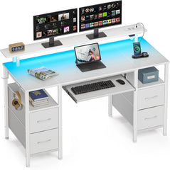 Rolanstar Bureau met laden, 120 x 47 cm, gamingtafel met stopcontact, led- en monitorstandaard, computertafel met toetsenbordplank, gamingbureau voor thuiskantoor, woonkamer, wit