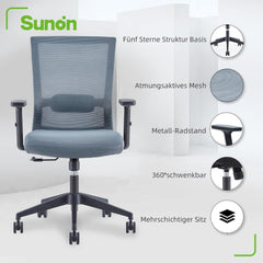Sunon Bureaustoel, directiestoel, ergonomische bureaustoel, draaistoel met stille rol, ademend netweefsel, managersstoel met verstelbare armleuningen, zithoogteverstelling, grijs