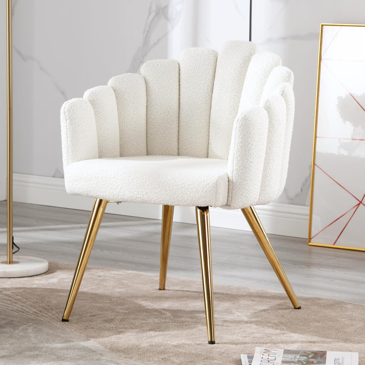 Ya-Home Fauteuil van imitatiebont met gouden metalen poten, gestoffeerde armleuningen, gestoffeerde stoel voor woonkamer/slaapkamer, wit
