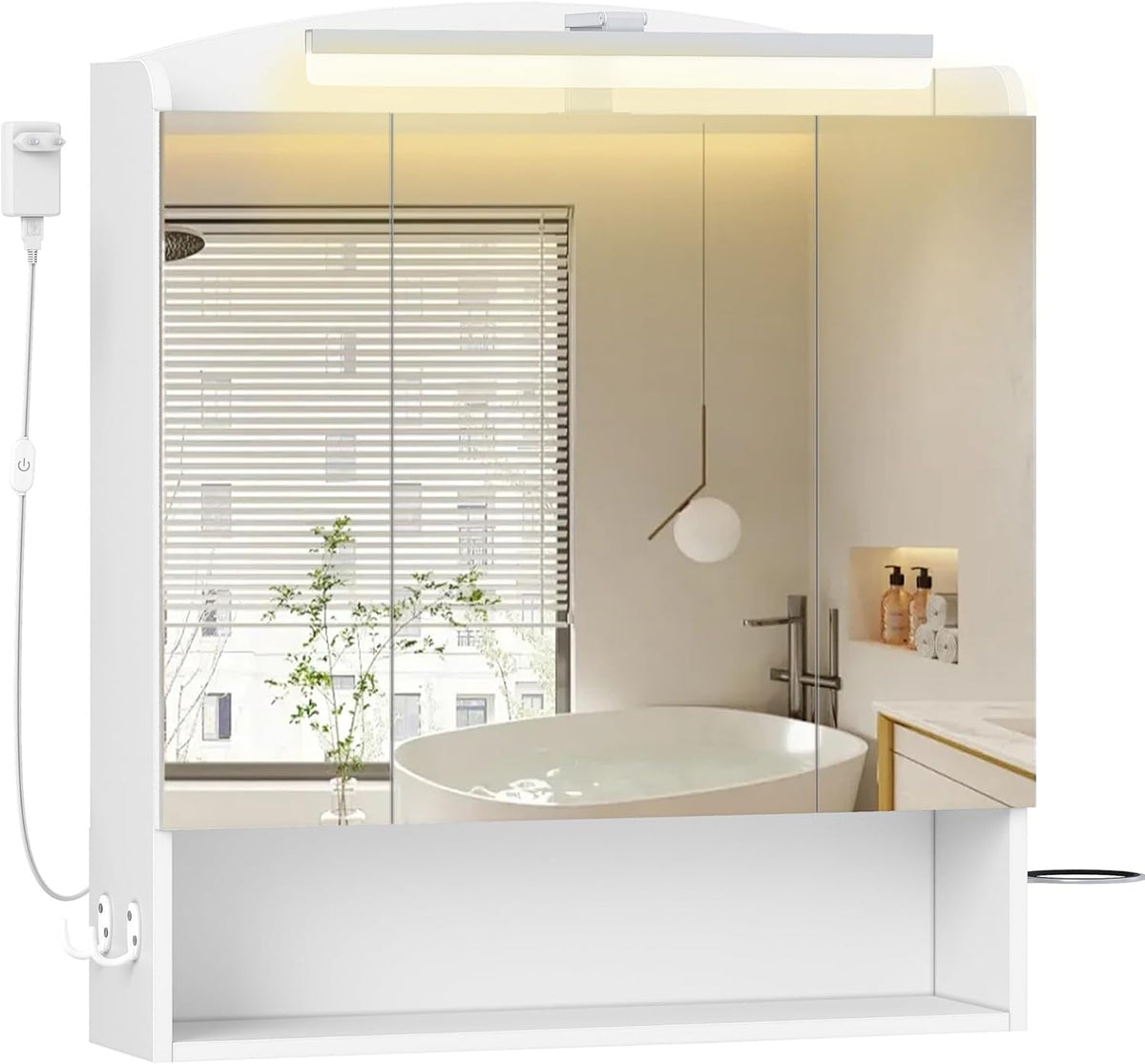 Hzuaneri MC00303XEU Spiegelkast met verlichting, badkamerkast met spiegel, wandkast, haardrogerhouder en haken, met stekker, verstelbare etages, wit, 16,5 x 70 x 80 cm