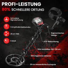 DR.ÖTEK Metaaldetector, professionele set, lichte gouddetector voor kinderen en volwassenen, met pinpoint-modus, geheugenmodus, waterdichte spoel, 5 modi, hoge precisie, metaaldetectorkit (rood)