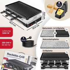 KESSER® Raclette-grill met natuurgrillsteen, grillplaat, tafelgrill voor 8 personen, elektrische grill, raclette grill, grillplaat, anti-aanbaklaag, 8 pannen en houten spatels, 1200 W