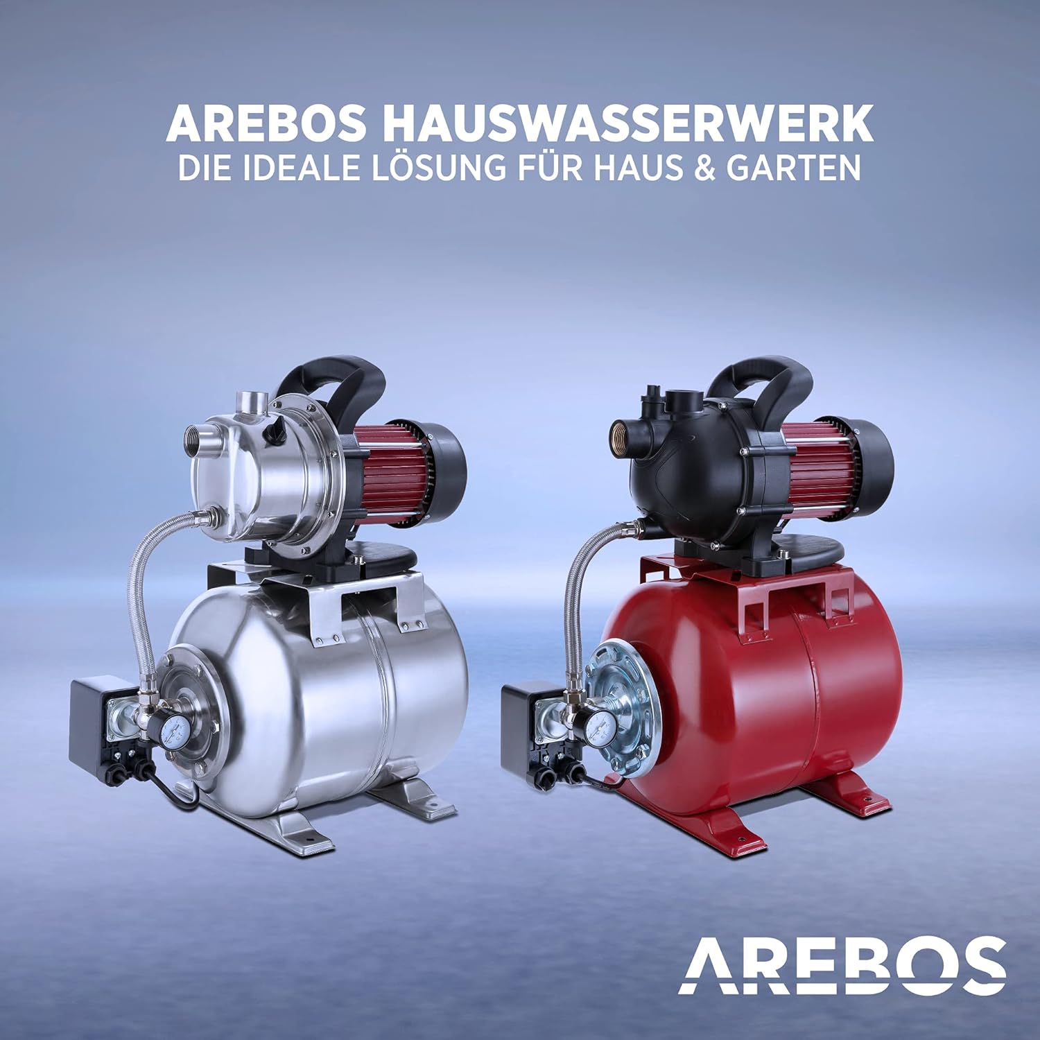 Arebos Huiswaterinstallatie, 1200 watt, debiet 3800 l/u, opvoerhoogte 48 meter, tank van 19 liter