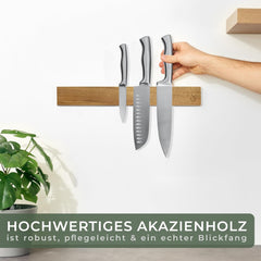 WALDWERK Magneetstrip mes (40 x 5 cm), magneetstrip van edel acaciahout, messenhouder, magnetisch voor zware messen, magneetstrip om te lijmen of te schroeven, magnetische messenhouder •