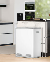 Hzuaneri Vuilnisemmer, 2 x 30 l, afvalscheidingssysteem, 2 vakken 60 l, roestvrij stalen keukenvuilnisemmer, pedaalemmer, rustige langzame afstap, met 15 exclusieve afvalzakken, wit SW06099W