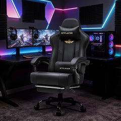 GTPLAYER Ergonomische gamingstoel met voetensteun, hoofdsteun en lendensteun, in hoogte verstelbaar, gevoerd, 180 kg, zwart