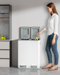 Hzuaneri Vuilnisemmer, 2 x 30 l, afvalscheidingssysteem, 2 vakken 60 l, roestvrij stalen keukenvuilnisemmer, pedaalemmer, rustige langzame afstap, met 15 exclusieve afvalzakken, wit SW06099W