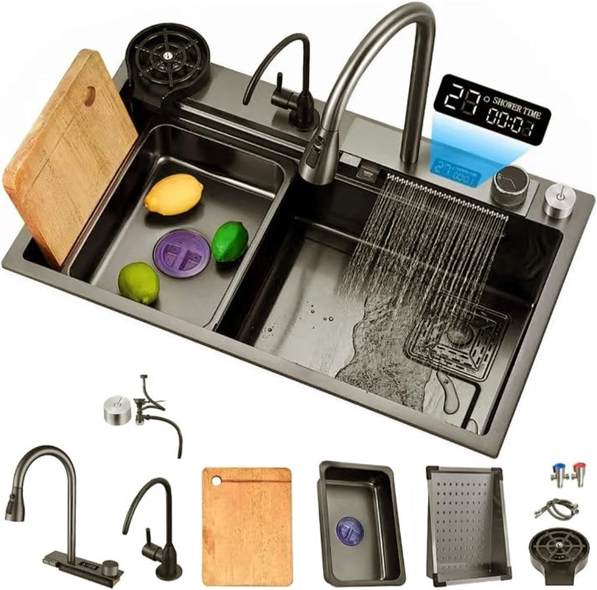 Fockety onderbouwkeukenspoelbak, 31,5 x 17,7 inch dubbele roestvrijstalen spoelbak met waterval, kraancombinatie, kopjesspoelbak en digitaal display, werkstationspoelbakken voor bar, thuis •
