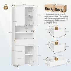 Hzuaneri Badkamerkast, hoge badkamerkast met verstelbare plank, commode met 4 laden en 3 kastdeuren, keukenkast, modern, voor woonkamer, badkamer, 30 x 60 x 190 cm, wit SC15503X