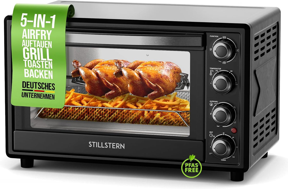 Stillstern CYCLONE PRO+ Mini-oven met convectie 35L, Pizza Ø28, CYCLONE PRO+ anti-aanbaklaag, ontdooien, 2-uurs timer, camping mini oven hete lucht pizzaoven mini-oven kleine kippengrill