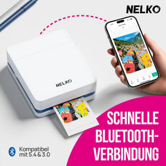 Nelko Fotoprinter PP01 kleur draagbare mini fotoprinter, wit | Smartphone inkjet stickerprinter voor iOS/Android, grappige bewerkingsapp, incl. 20 vellen zelfklevend fotopapier •