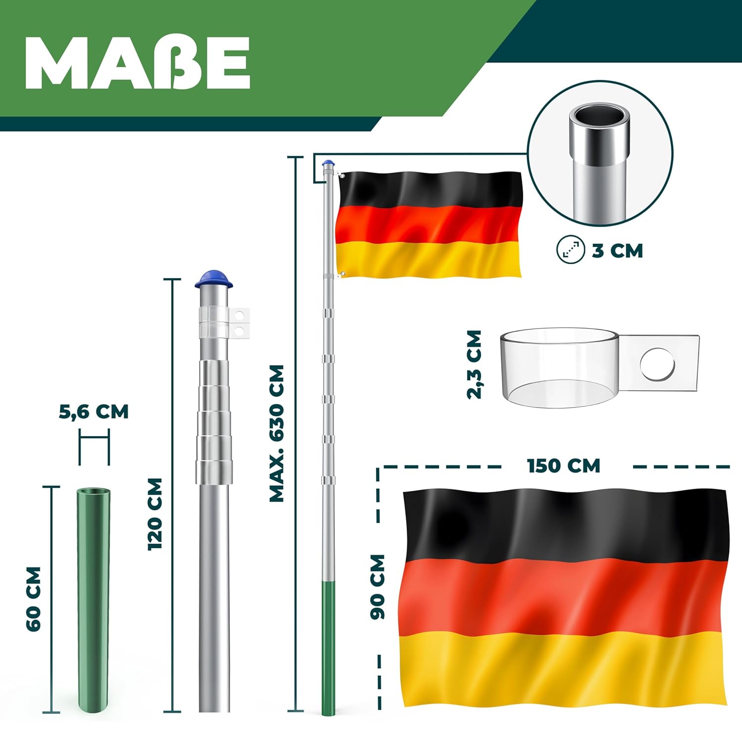 KESSER® Telescopische vlaggenmast - Verstelbaar - 6,30m - Zilver