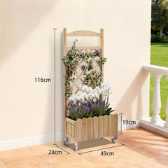 Plantenbak met wieltjes, houten verhoogd bloembed met trellis, weerbestendige plantenbak met drainagegaten, mobiele bloembak voor tuin, balkon en terras, 49 x 28 x 116 cm, lichtbruin
