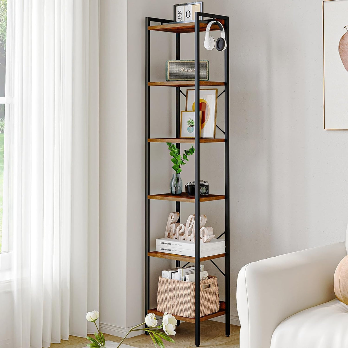 Hzuaneri Boekenplank, Smalle Boekenplank, 6 Lagen, Industriële Boekenplank met 2 Haken, Etagere Hoekplank Opbergorganizer voor Thuiswerkplek, Woonkamer, Slaapkamer, Keuken, Rustiek Bruin