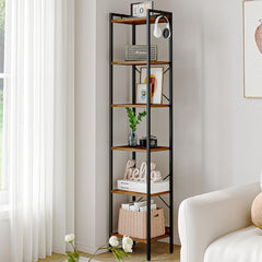 Hzuaneri Boekenplank, Smalle Boekenplank, 6 Lagen, Industriële Boekenplank met 2 Haken, Etagere Hoekplank Opbergorganizer voor Thuiswerkplek, Woonkamer, Slaapkamer, Keuken, Rustiek Bruin