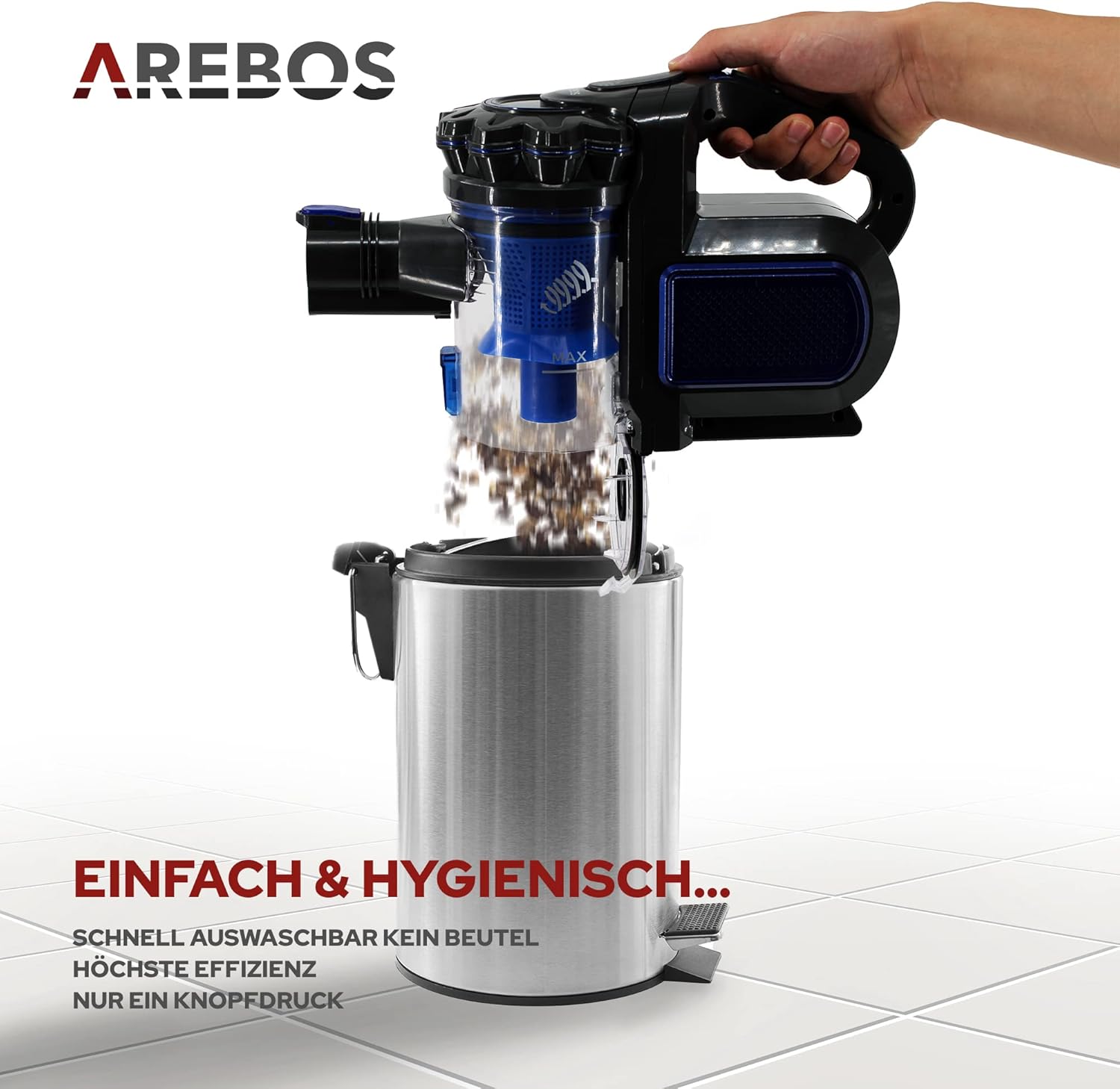 Arebos Accu-handstofzuiger, 2-in-1 hand- en vloerstofzuiger, 2 krachtige zuigmodi, zonder zak, draadloos tot 55 minuten, met wandlaadstation, blauw •