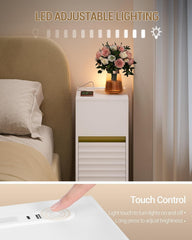 Hzuaneri Nachtkastje, set van 2, smalle bijzettafel met ledverlichting, 1 USB-A-aansluiting, 1 USB-C-aansluiting, nachtkastjes met open zijvak, voor slaapkamer, woonkamer, wit-goud NS00603G