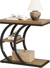 Tribesigns Bijzettafel, 3 planken, nachtkastje, smal met opbergruimte, C-vormige salontafel, hout, industriële kleine tafel, bijzettafel voor woonkamer, slaapkamer, kleine ruimtes, natuur