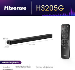 Hisense HS205G 2.0-kanaals soundbar, 120 watt, DTS Virtual: X, Bluetooth 5.0, HDMI Arc, USB, optisch, equalizer, wandmontage mogelijk, zwart