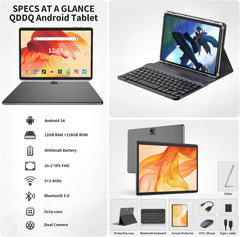 Android-tablet met toetsenbord, Android 14-tablet, 12 (6+6) GB + 256GB, 1 TB uitbreiding, 2-in-1, muis, stylus, 8000 mAh-batterij, 2,4G/5G wifi, GPS, gecertificeerd, zwarte behuizing