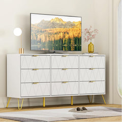 Commodekast met 9 schuifladen, 150 x 34 x 74 cm, dressoir, modern dressoir, tv-board, opbergkast, smalle commode, buffet, kast voor woonkamer, slaapkamer, hal, wit