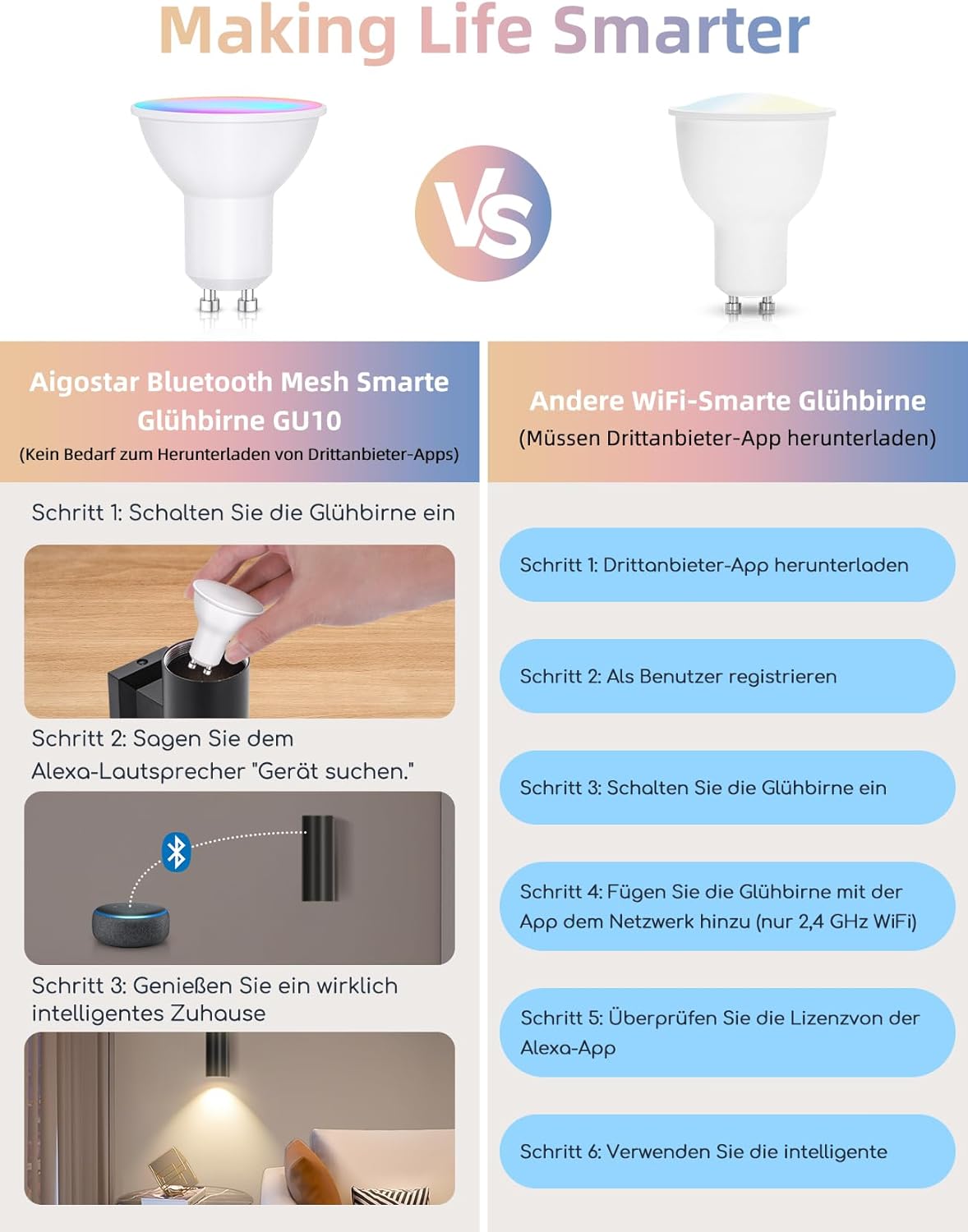 GU10 LED lamp - Dimbaar - Smart lamp - 6,5W - 6 stuks - Aigostar
