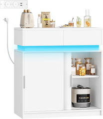 Hzuaneri Sideboard met 2 laden, keukenkast met 2 schuifdeuren, Buffetkast met stekkerdoos en ledlicht, verstelbare plank, keuken, woonkamer, 40 x 80 x 85 cm, wit SC00203XEU