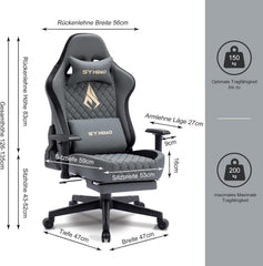 Symino Gamingstoel, ergonomische bureaustoel in racestijl, 200 kg belastbaarheid, verstelbare armleuningen, vintage PU-leer, gamingstoel met voetensteun, grijs