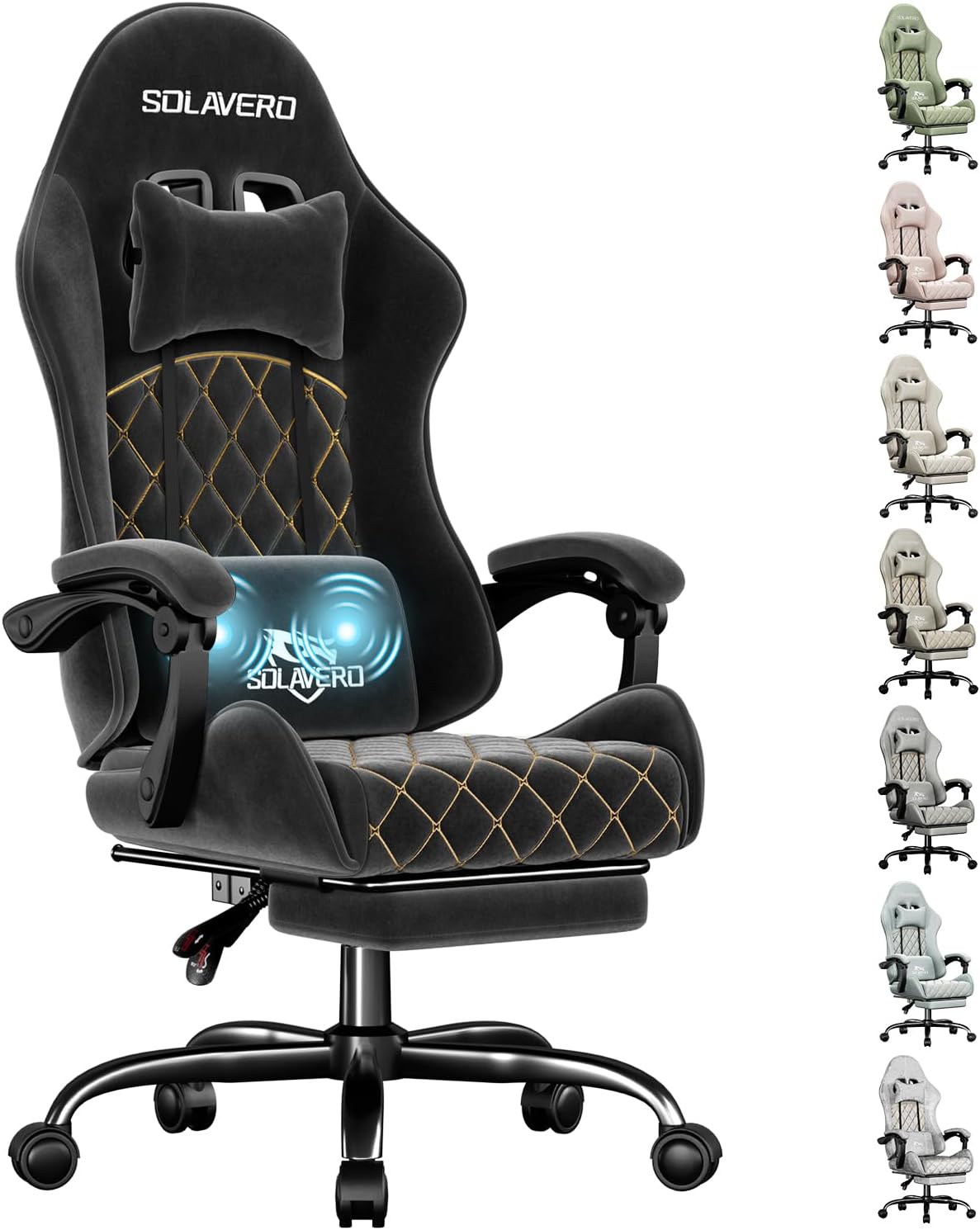 SOLAVERO Gaming Chair van suède stof, ergonomische gamerstoel met massagefunctie en lendensteun, bureaustoel met telescopische voetensteun, draagvermogen 150 kg, zwart