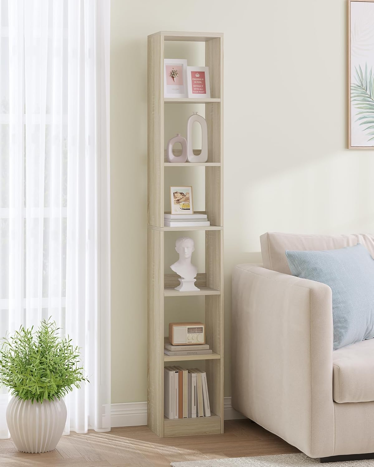 Hzuaneri Boekenkast, boekenkast, 6 niveaus, kubusrek, moderne open plank van hout, opbergplanken en presentatieplanken voor woonkamer, thuiskantoor, slaapkamer, eikenbeige BC09616X