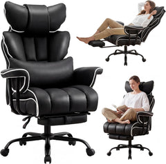 Furniliving bureaustoel voor grote en lange mensen (180 kg), ergonomische directiestoel met brede zitting, verstelbare rugleuning, lendensteun, hoge rugleuning, leren gamingstoel met voetensteun en kussen, zwart