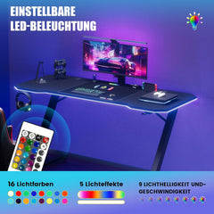 GTPLAYER Gamingtafel, gamingbureau, 120 x 60 cm, pc-tafel, gamertafel met led, stabiele computertafel met hoofdtelefoonhaak, zwart